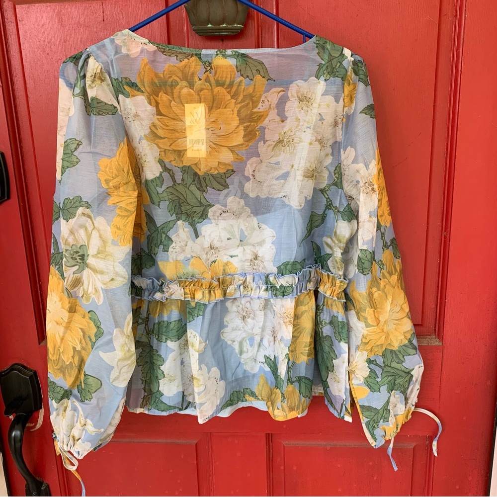 🎊 NEW YORK & COMPANY Floral Tie Sleeve Organza Baby Doll Blouse - Picture 5 of 6